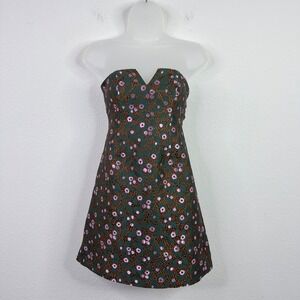 Eva Franco Sweetheart Mini Dress Women 0P Strapless Green Brown Floral Boho Luxe